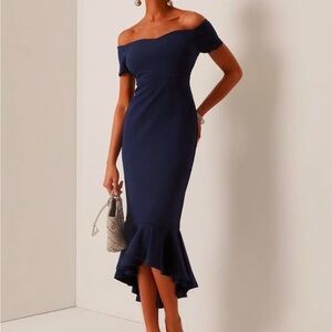 Fehaute Elegant Blue Off-Shoulder High-Low Cocktail Dress